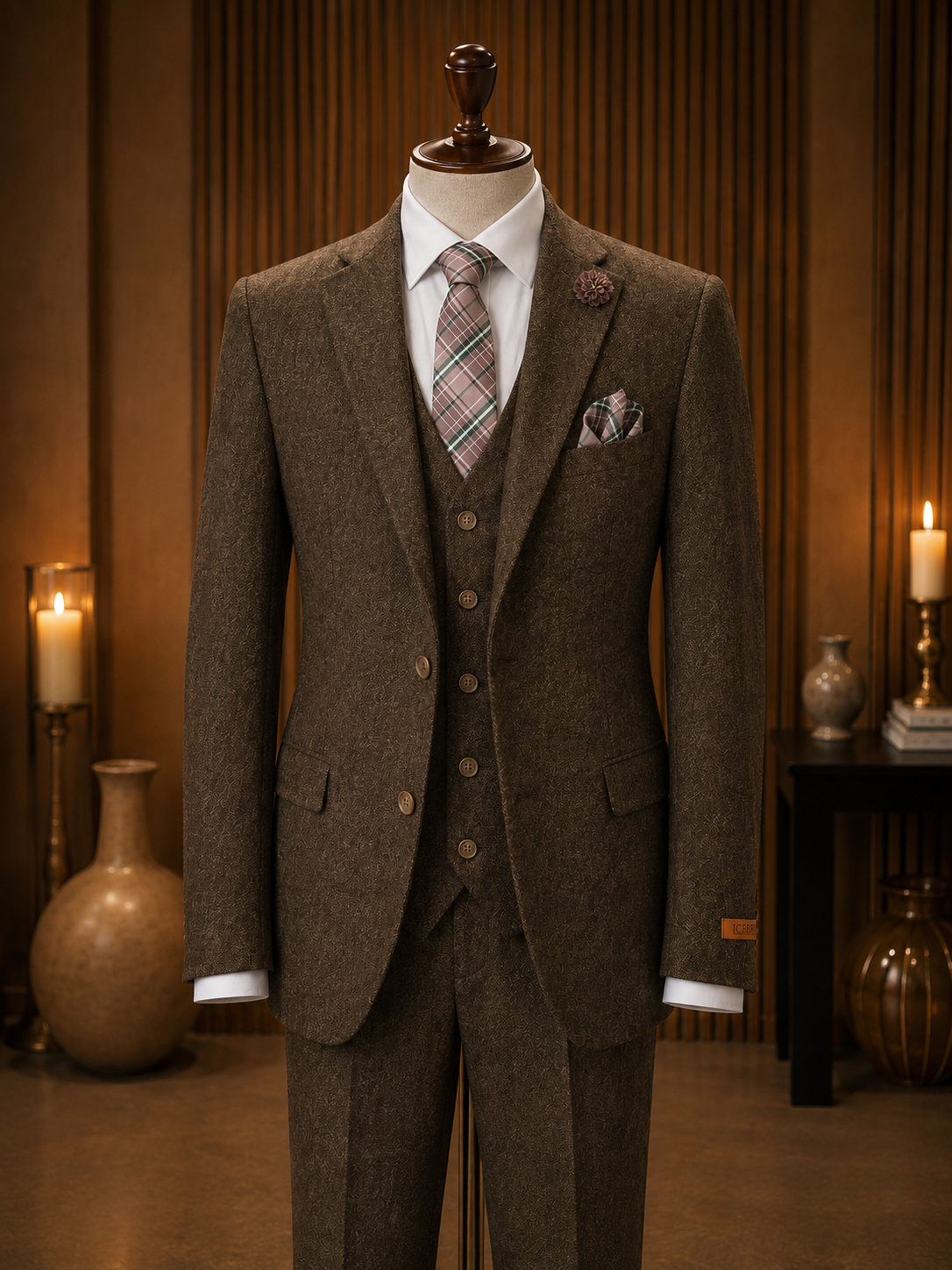 Jofelli Light Brown Modern Fit 3 Piece Tweed Suit