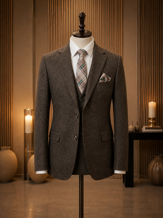 Jofelli Dark Brown Modern Fit 3 Piece Tweed Suit
