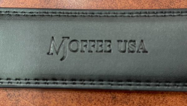 MJOFFEE USA Embossed Branding on inside of MJOFFEE Black Leather Trim-to-Fit Belt